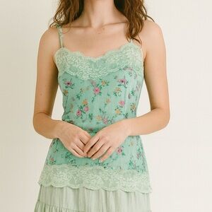 Vintage Y2K Arden B sea foam blue green floral embroidered mesh overlay cami. S